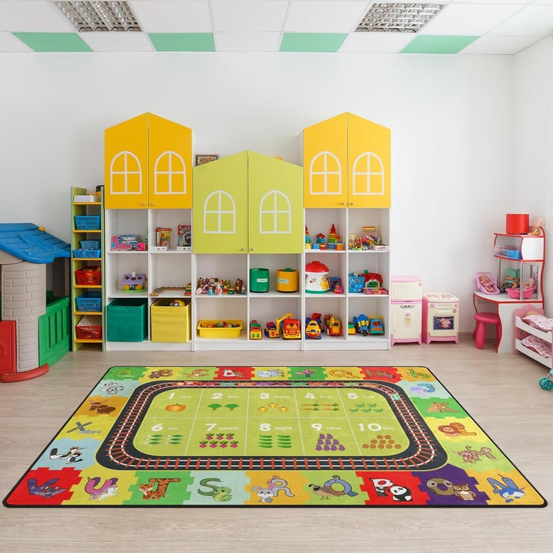 Engree ABC Alphabet Rug，Kids Playmat Rugs Classroom Educational Carpet- 5x7 Ft Cute Cartoon Animals Puzzle Area Rug with Rubber Backing,Nursery Mat wtih Numbers for Girls Boys Bedroom Playroom - Image 1